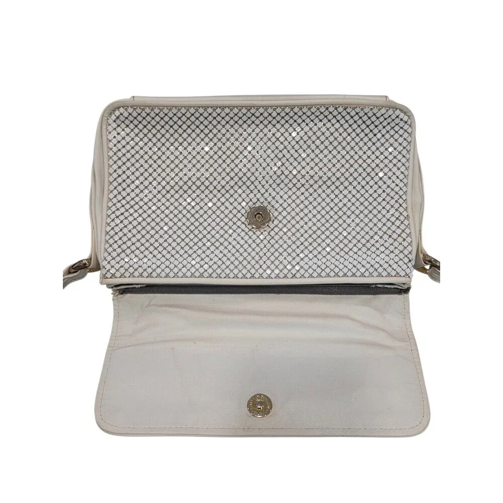 Vintage 70s Whiting & Davis White Enamel Metal Mesh Crossbody Shoulder Bag Purse